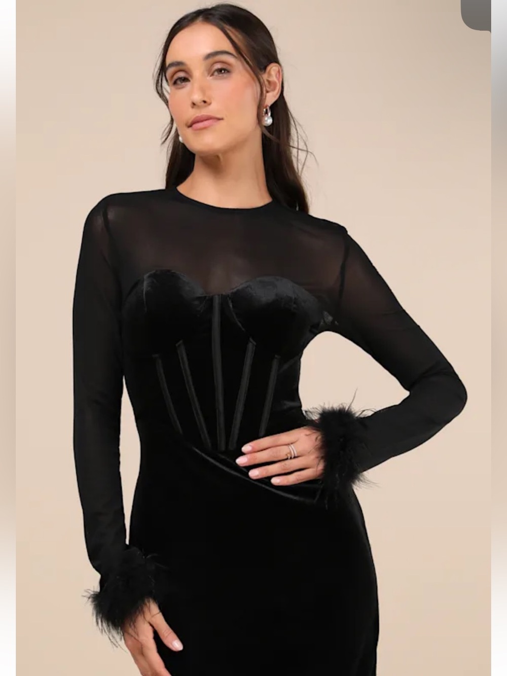 NWT Lulus Sensational Situation Black Velvet Feather Bustier Midi Dress - Picture 4 of 4
